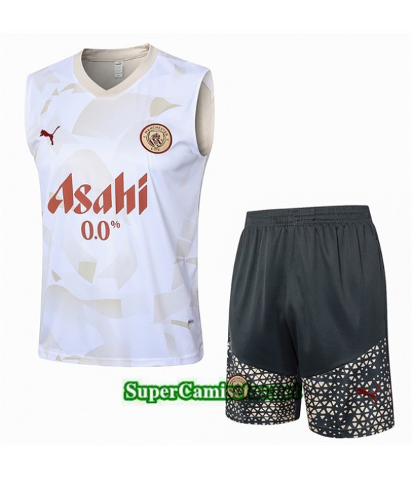 Tailandia Camiseta Kit De Entrenamiento Manchester City Sin Mangas De Color Crema 2024 2025